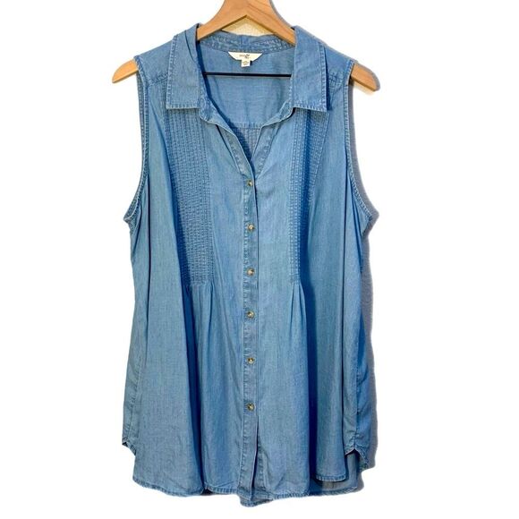 Terra & Sky Pintuck Camp Shirt Sleeveless Button Shirt Women’s Blue 1X 16W/18W. - Picture 2 of 13